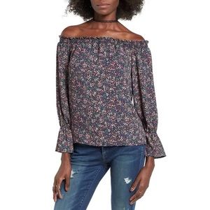 Wayf | Navy Floral Off the Shoulder Blouse | Med